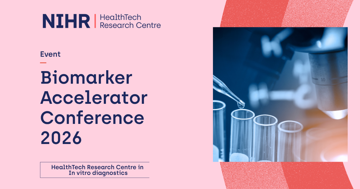Banner for the NIHR HealthTech Research Centre event titled “Biomarker Accelerator Conference 2026.” The design features a pink and coral background with bold navy text on the left and a blue-toned image on the right showing a laboratory scene, including a pipette dispensing liquid into test tubes under a microscope. A subtitle reads “HealthTech Research Centre in In vitro diagnostics.”