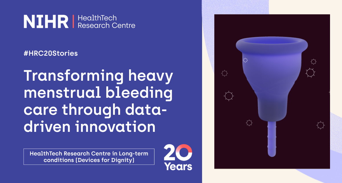 Graphic from the NIHR HealthTech Research Centre featuring the headline “Transforming heavy menstrual bleeding care through data-driven innovation.” The design includes a stylised purple menstrual cup illustration on a dark background with small decorative star-like icons. The NIHR HealthTech Research Centre logo appears in the top left, with text referencing “HealthTech Research Centre in Long-term conditions [Devices for Dignity]” and “20 Years.”