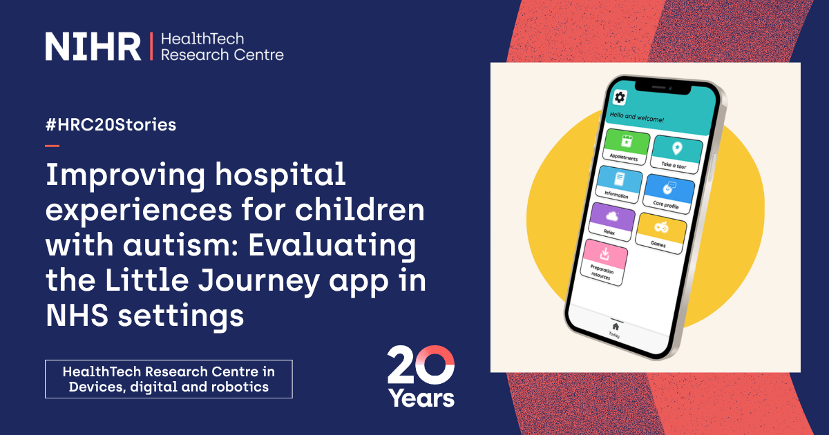 Banner from NIHR HealthTech Research Centre titled “Improving hospital experiences for children with autism: Evaluating the Little Journey app in NHS settings.” On the right, a smartphone displays the Little Journey app interface with colorful icons for features like appointments, information, games, and preparation resources. The design uses a dark blue background with red accents and a “20 Years” badge.