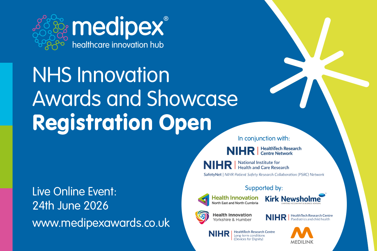 Promotional graphic for the Medipex NHS Innovation Awards and Showcase. It features the Medipex logo and the text “Registration Open” for a live online event on 24th June 2026, with the website medipexawards.co.uk. The design uses blue, green, and white shapes, and includes logos for partner organisations such as NIHR and supporting health innovation networks.