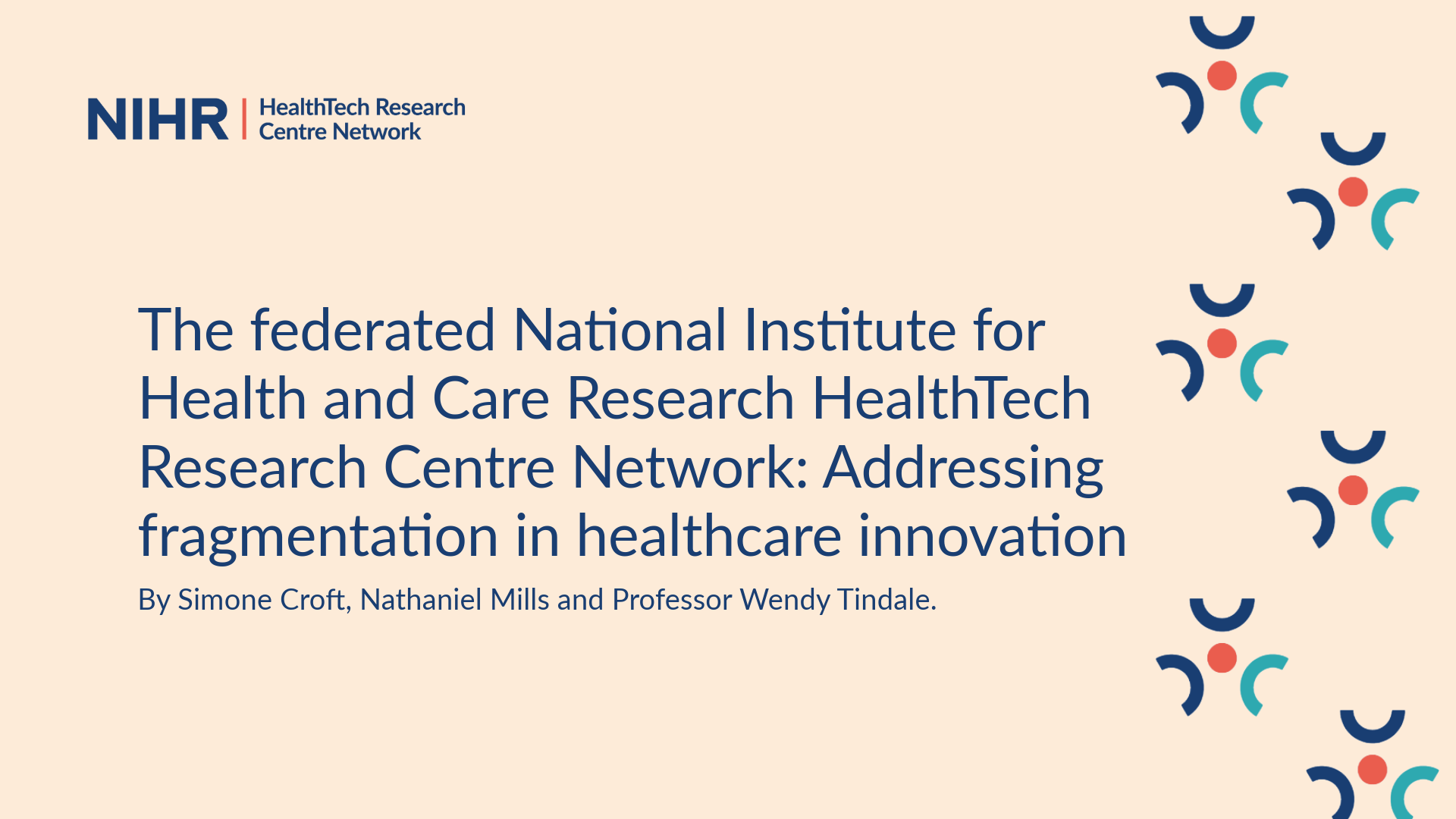 NIHR HRC Network-branded asset. Text reads: The federated National Institute for Health and Care Research HealthTech Research Centre Network: Addressing fragmentation in healthcare innovation.
